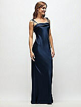 Side View Thumbnail - Midnight Navy Cuff Neck Satin Bias Maxi Dress with Self-Tie Spaghetti Straps