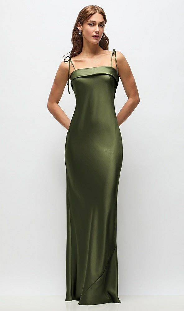 Front View - Olive Green Cuff Neck Satin Bias Maxi Dress with Self-Tie Spaghetti Straps