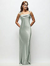 Front View Thumbnail - Willow Green Cuff Neck Satin Bias Maxi Dress with Self-Tie Spaghetti Straps