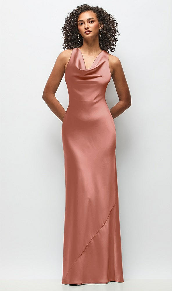 Front View - Desert Rose Cowl Neck Criss-Cross Back Satin Maxi Dress