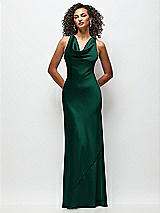 Front View Thumbnail - Hunter Green Cowl Neck Criss-Cross Back Satin Maxi Dress