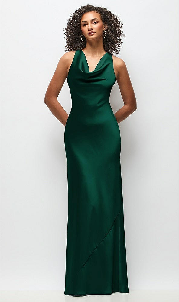 Front View - Hunter Green Cowl Neck Criss-Cross Back Satin Maxi Dress