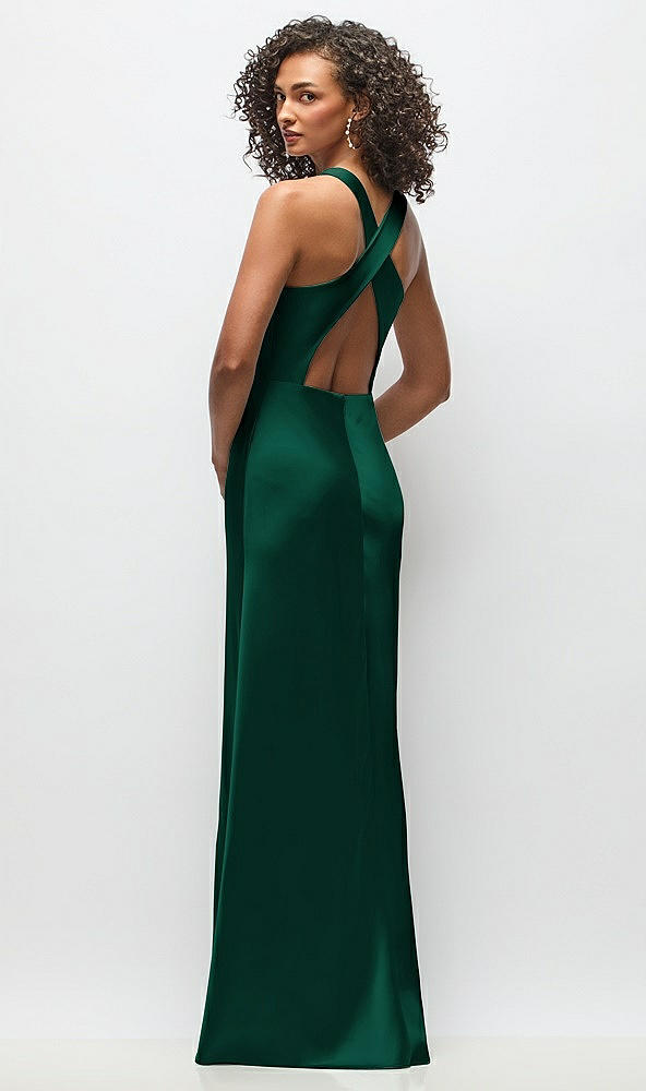 Back View - Hunter Green Cowl Neck Criss-Cross Back Satin Maxi Dress