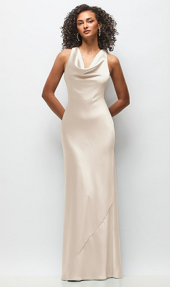Front View - Oat Cowl Neck Criss-Cross Back Satin Maxi Dress