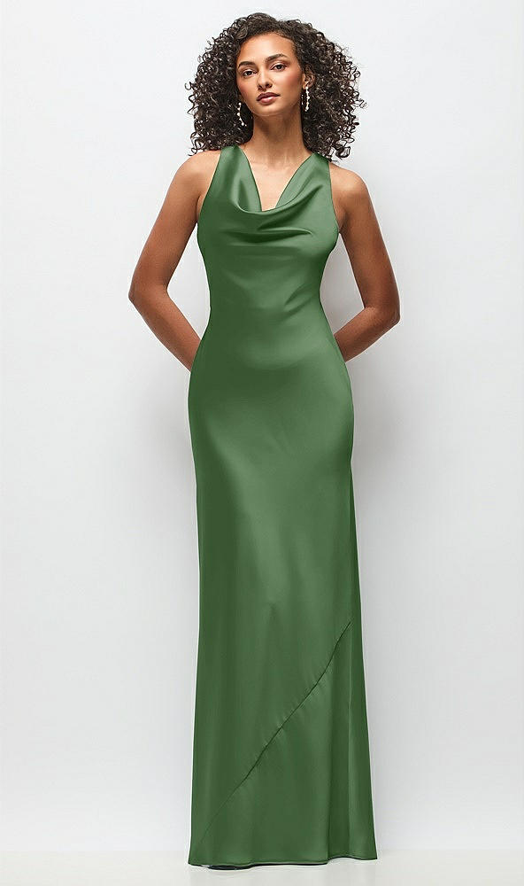 Front View - Vineyard Green Cowl Neck Criss-Cross Back Satin Maxi Dress