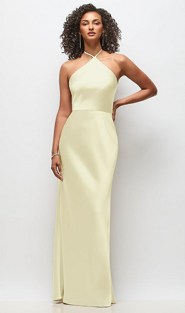 Front View - Butter Yellow High-Neck Halter Stretch Satin Maxi Dress with Bias A-line Skirt