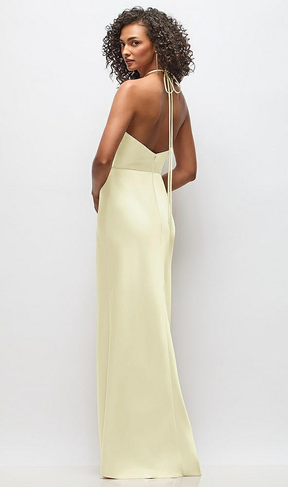 Back View - Butter Yellow High-Neck Halter Stretch Satin Maxi Dress with Bias A-line Skirt
