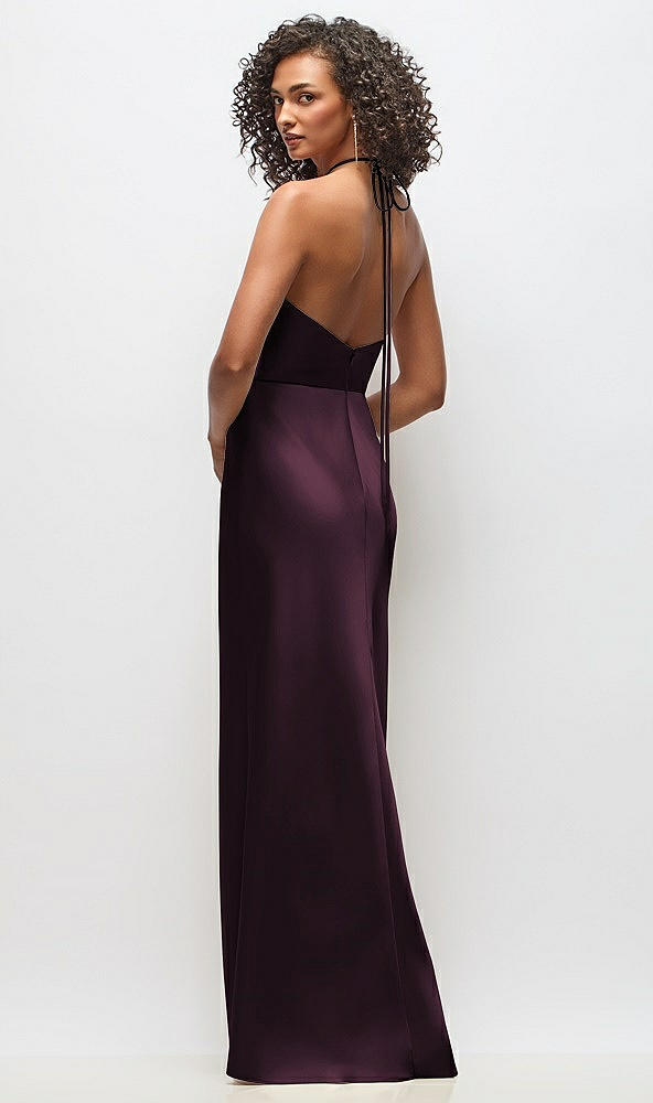 Back View - Deep Plum High-Neck Halter Stretch Satin Maxi Dress with Bias A-line Skirt