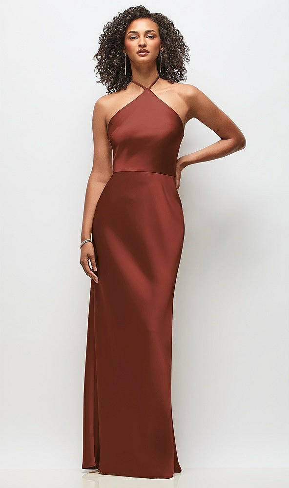 Front View - Auburn Moon High-Neck Halter Stretch Satin Maxi Dress with Bias A-line Skirt