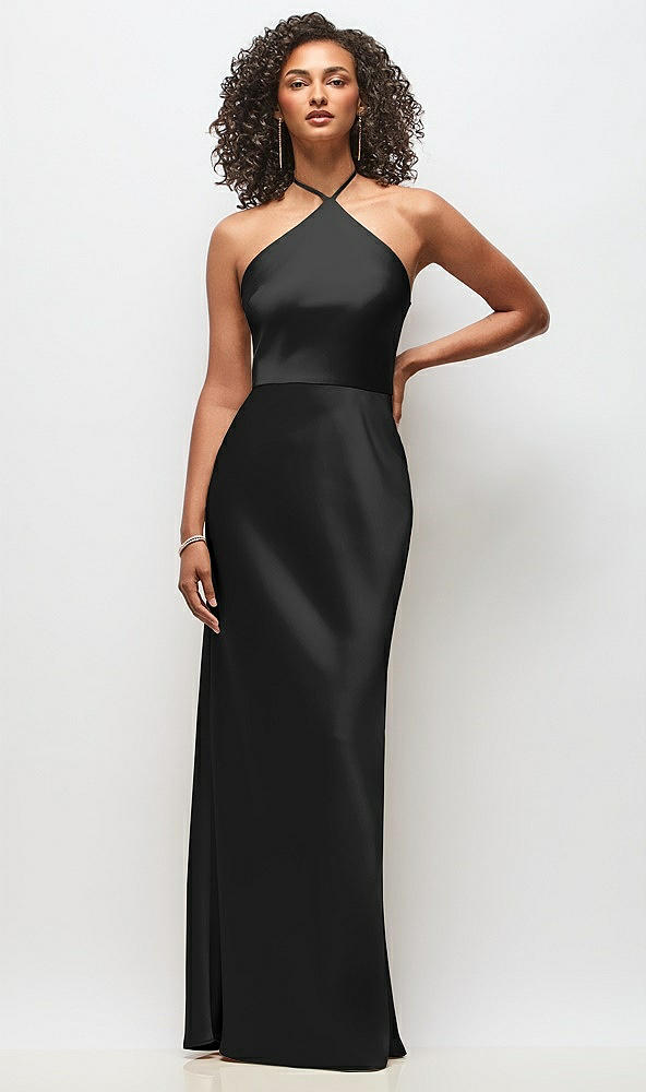 Front View - Black High-Neck Halter Stretch Satin Maxi Dress with Bias A-line Skirt
