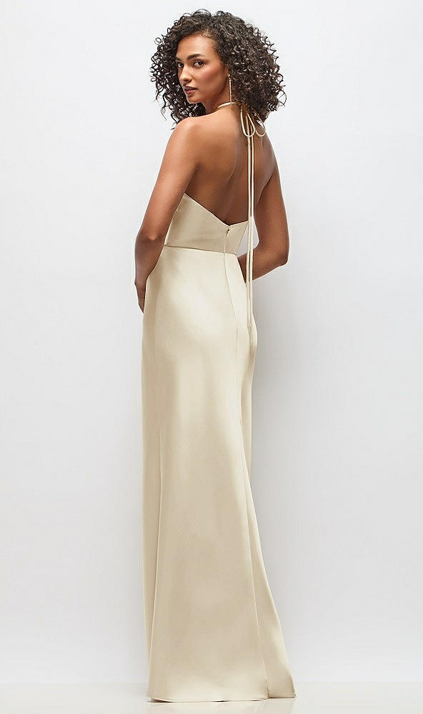 Back View - Champagne High-Neck Halter Stretch Satin Maxi Dress with Bias A-line Skirt
