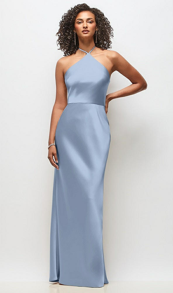 Front View - Cloudy High-Neck Halter Stretch Satin Maxi Dress with Bias A-line Skirt