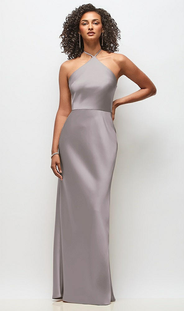 Front View - Cashmere Gray High-Neck Halter Stretch Satin Maxi Dress with Bias A-line Skirt
