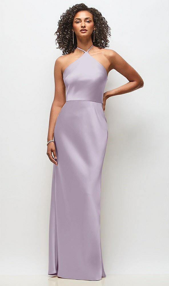 Front View - Lilac Haze High-Neck Halter Stretch Satin Maxi Dress with Bias A-line Skirt