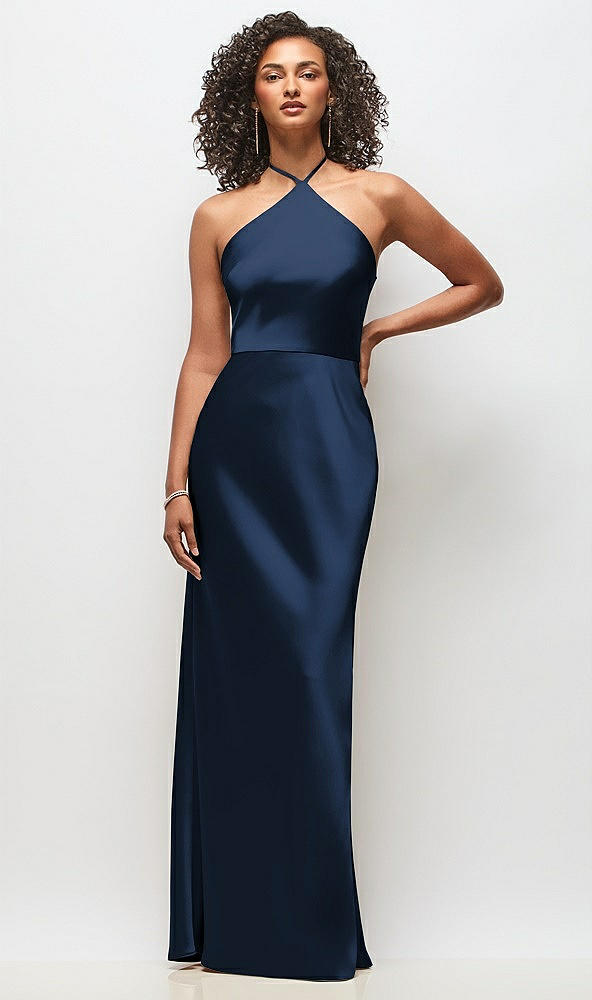 Front View - Midnight Navy High-Neck Halter Stretch Satin Maxi Dress with Bias A-line Skirt