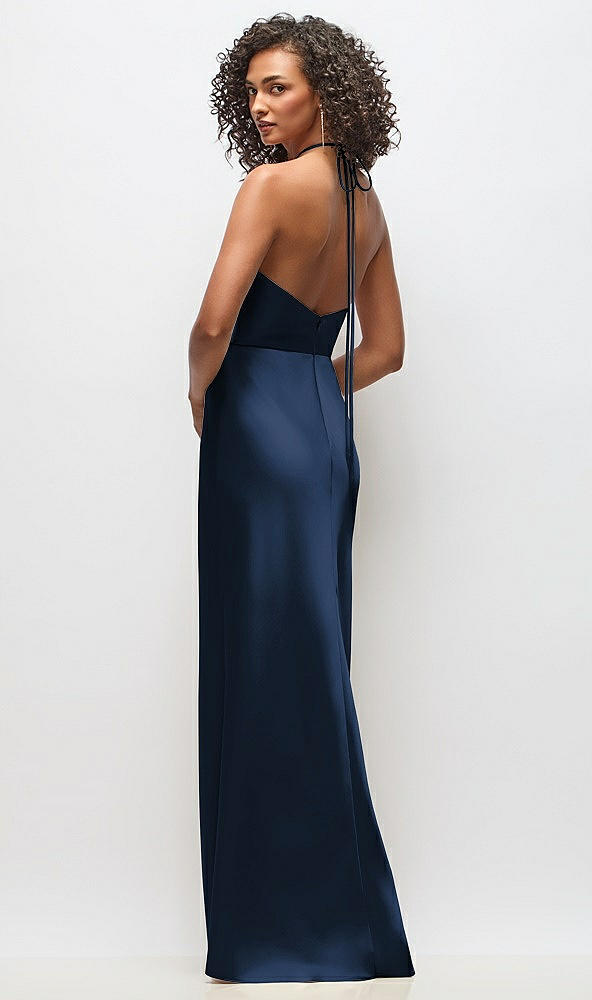 Back View - Midnight Navy High-Neck Halter Stretch Satin Maxi Dress with Bias A-line Skirt