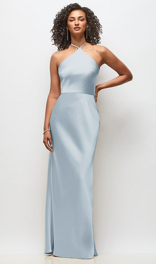 Front View - Mist High-Neck Halter Stretch Satin Maxi Dress with Bias A-line Skirt
