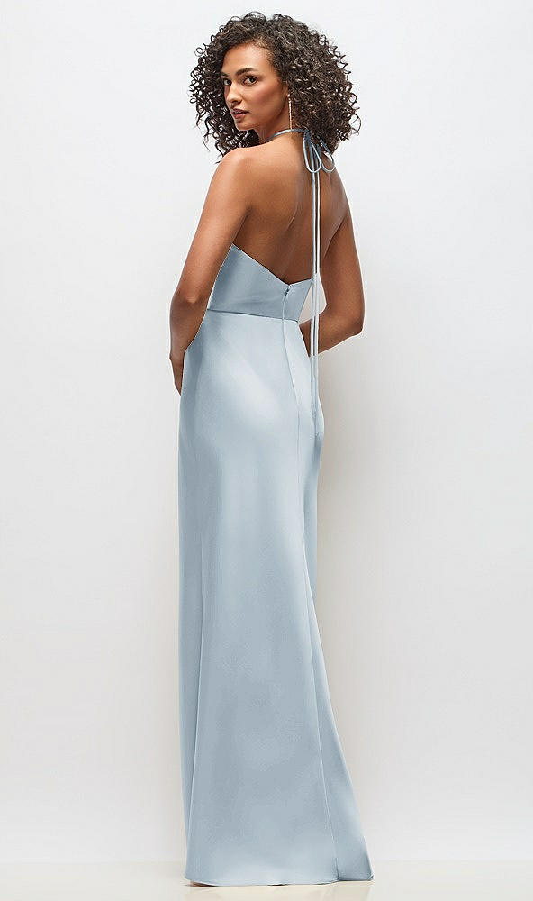 Back View - Mist High-Neck Halter Stretch Satin Maxi Dress with Bias A-line Skirt