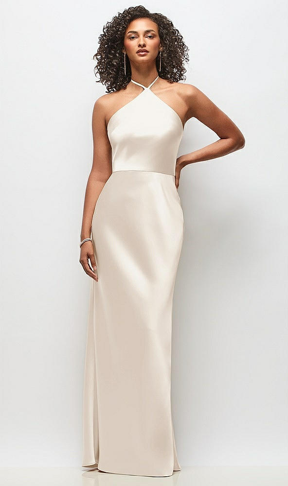 Front View - Oat High-Neck Halter Stretch Satin Maxi Dress with Bias A-line Skirt