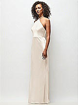 Side View Thumbnail - Oat High-Neck Halter Stretch Satin Maxi Dress with Bias A-line Skirt