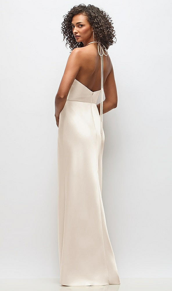Back View - Oat High-Neck Halter Stretch Satin Maxi Dress with Bias A-line Skirt