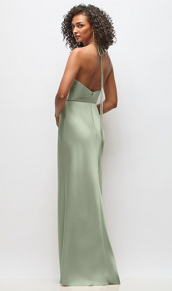 Back View - Sage High-Neck Halter Stretch Satin Maxi Dress with Bias A-line Skirt