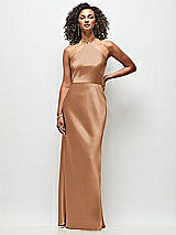 Front View Thumbnail - Toffee High-Neck Halter Stretch Satin Maxi Dress with Bias A-line Skirt