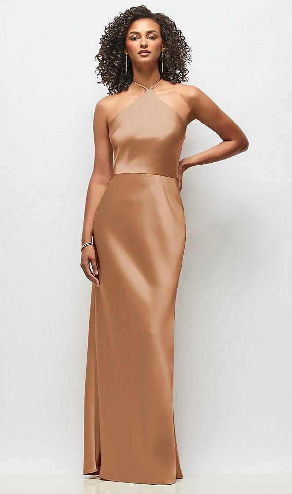 Front View - Toffee High-Neck Halter Stretch Satin Maxi Dress with Bias A-line Skirt