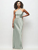 Front View Thumbnail - Willow Green High-Neck Halter Stretch Satin Maxi Dress with Bias A-line Skirt