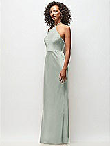 Side View Thumbnail - Willow Green High-Neck Halter Stretch Satin Maxi Dress with Bias A-line Skirt