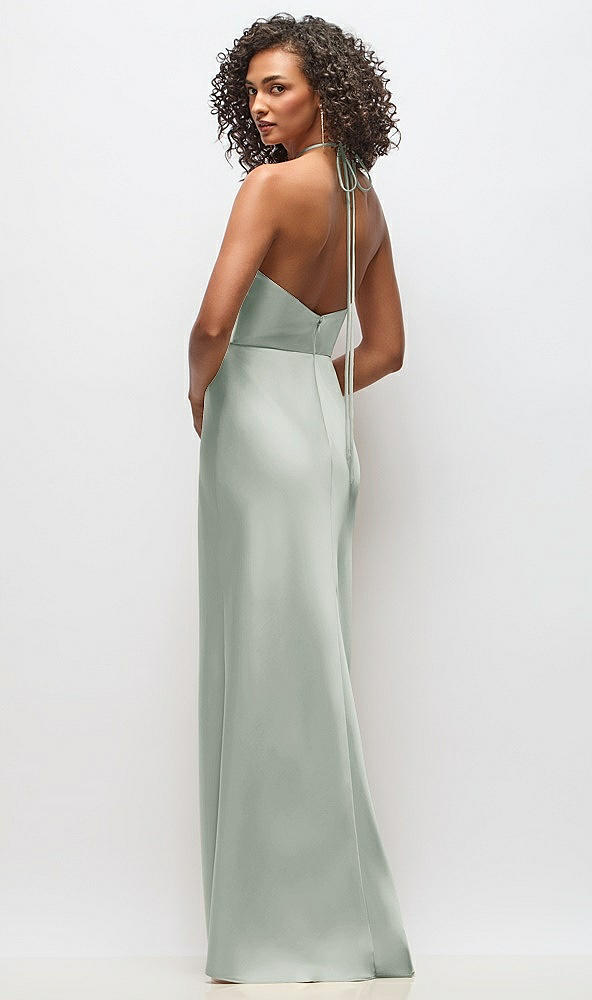 Back View - Willow Green High-Neck Halter Stretch Satin Maxi Dress with Bias A-line Skirt