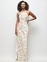 Front View Thumbnail - Golden Hour High-Neck Halter Floral Stretch Satin Maxi Dress with Bias A-line Skirt