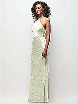 Side View Thumbnail - Vintage Primrose Celadon High-Neck Halter Floral Stretch Satin Maxi Dress with Bias A-line Skirt