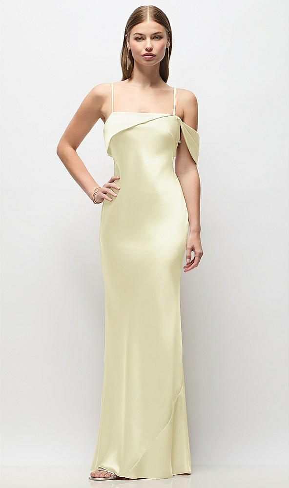 Front View - Butter Yellow Asymmetrical Cuff Neck Stretch Satin Bias Maxi Dress with Adjustable Spaghetti Straps