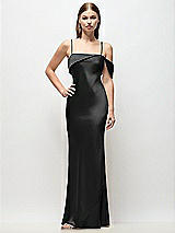 Front View Thumbnail - Black Asymmetrical Cuff Neck Stretch Satin Bias Maxi Dress with Adjustable Spaghetti Straps
