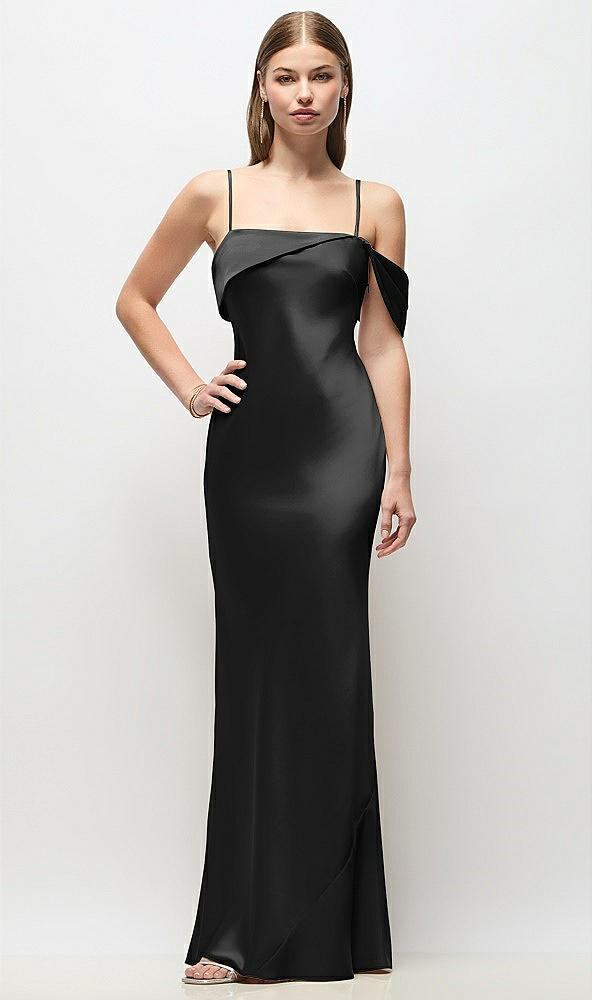 Front View - Black Asymmetrical Cuff Neck Stretch Satin Bias Maxi Dress with Adjustable Spaghetti Straps
