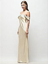 Side View Thumbnail - Champagne Asymmetrical Cuff Neck Stretch Satin Bias Maxi Dress with Adjustable Spaghetti Straps
