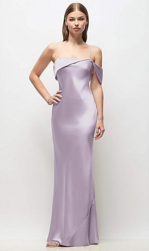 Front View - Lilac Haze Asymmetrical Cuff Neck Stretch Satin Bias Maxi Dress with Adjustable Spaghetti Straps