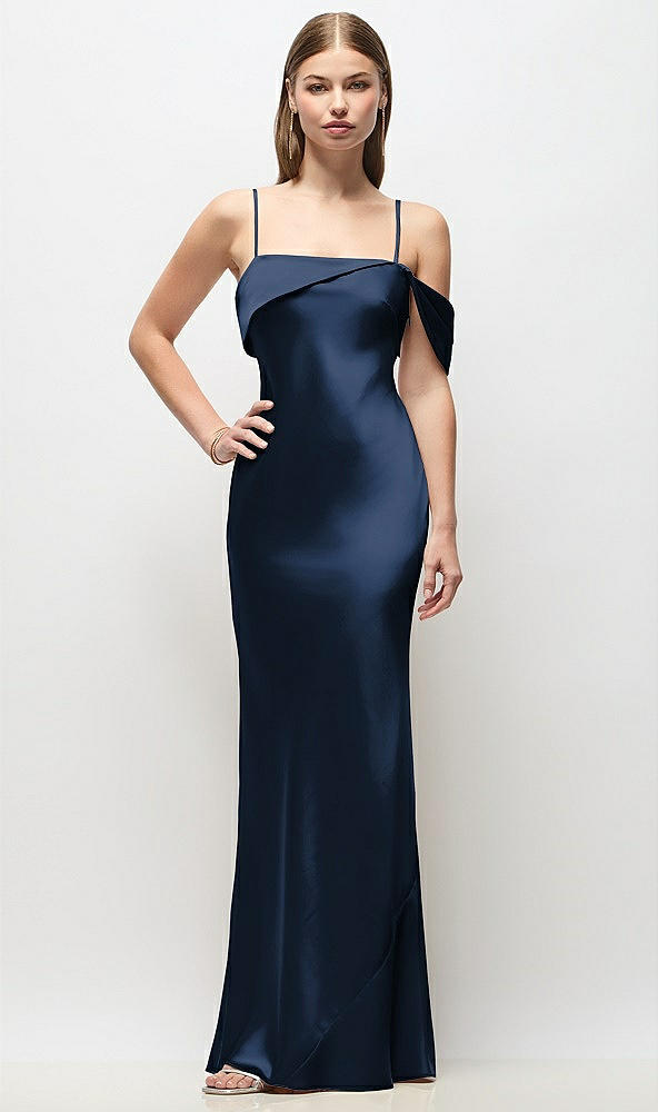 Front View - Midnight Navy Asymmetrical Cuff Neck Stretch Satin Bias Maxi Dress with Adjustable Spaghetti Straps