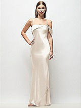 Front View Thumbnail - Oat Asymmetrical Cuff Neck Stretch Satin Bias Maxi Dress with Adjustable Spaghetti Straps
