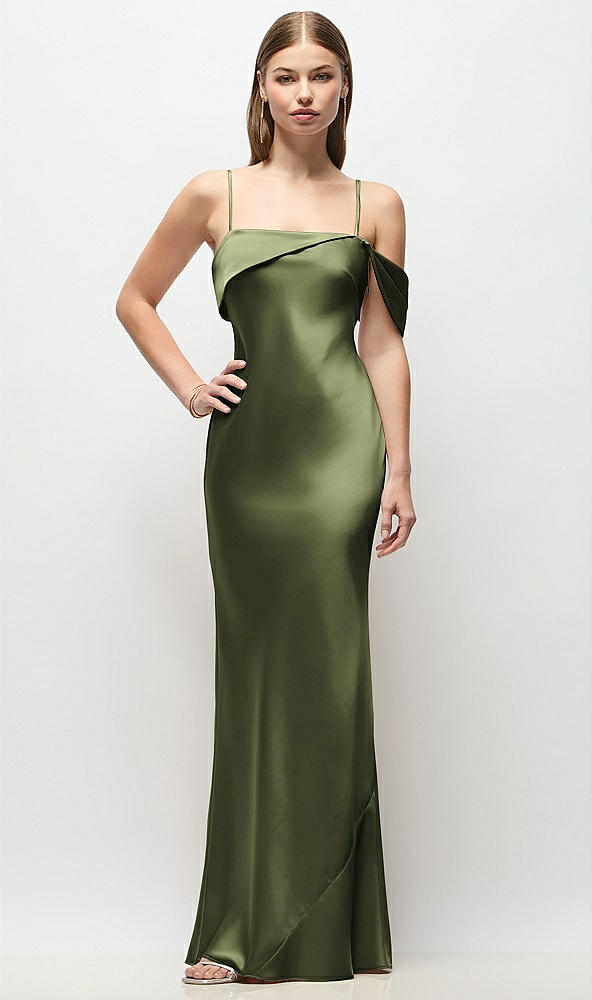 Front View - Olive Green Asymmetrical Cuff Neck Stretch Satin Bias Maxi Dress with Adjustable Spaghetti Straps