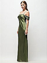Side View Thumbnail - Olive Green Asymmetrical Cuff Neck Stretch Satin Bias Maxi Dress with Adjustable Spaghetti Straps