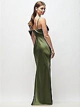 Rear View Thumbnail - Olive Green Asymmetrical Cuff Neck Stretch Satin Bias Maxi Dress with Adjustable Spaghetti Straps