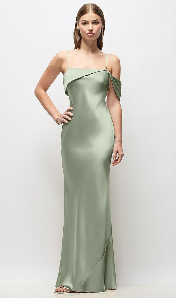 Front View - Sage Asymmetrical Cuff Neck Stretch Satin Bias Maxi Dress with Adjustable Spaghetti Straps