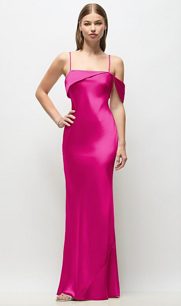 Front View - Think Pink Asymmetrical Cuff Neck Stretch Satin Bias Maxi Dress with Adjustable Spaghetti Straps
