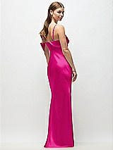 Rear View Thumbnail - Think Pink Asymmetrical Cuff Neck Stretch Satin Bias Maxi Dress with Adjustable Spaghetti Straps