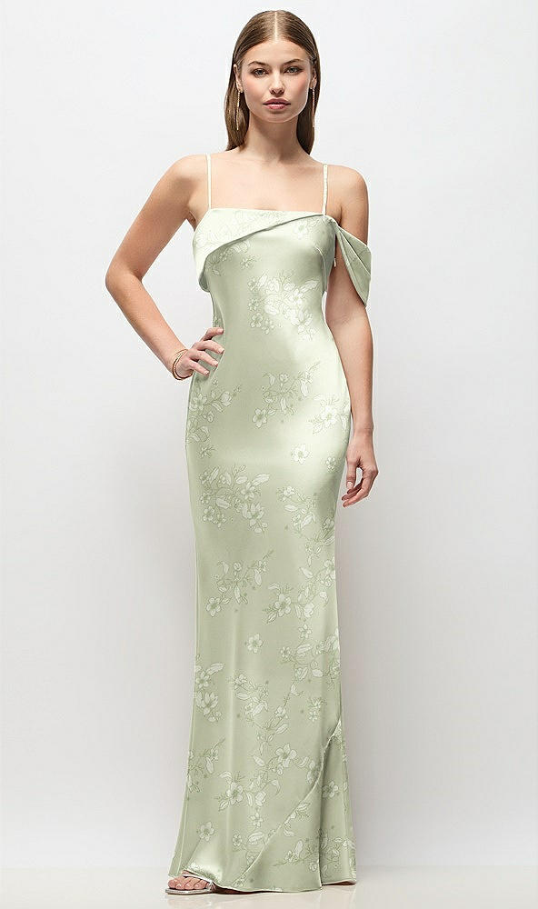 Front View - Vintage Primrose Celadon Asymmetrical Cuff Neck Floral Stretch Satin Bias Maxi Dress with Adjustable Spaghetti Straps