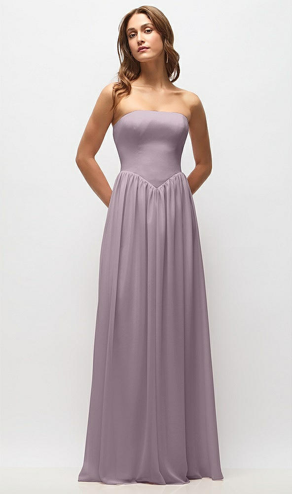 Front View - Lilac Dusk Strapless Basque Drop Waist Chiffon Maxi Dress with Shirred Skirt