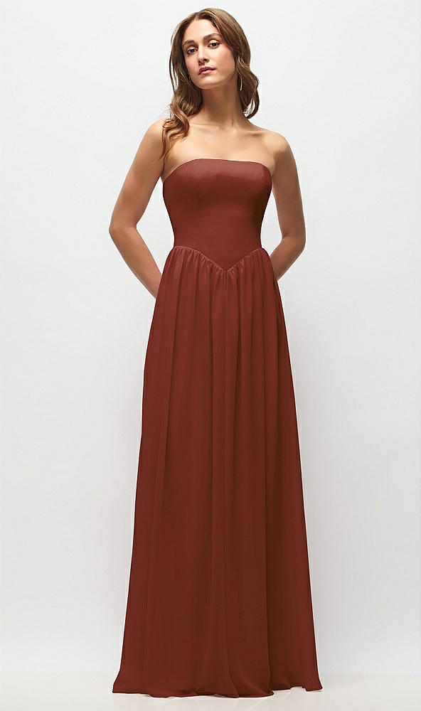 Front View - Auburn Moon Strapless Basque Drop Waist Chiffon Maxi Dress with Shirred Skirt