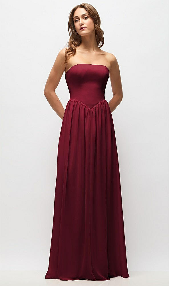 Front View - Burgundy Strapless Basque Drop Waist Chiffon Maxi Dress with Shirred Skirt